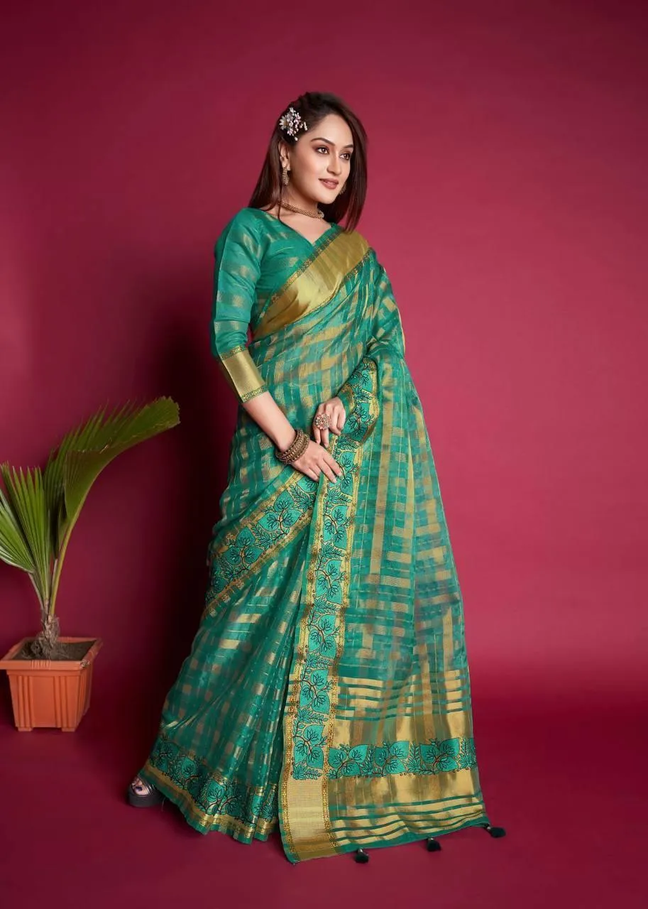 Pine Green Organza Silk  Saree