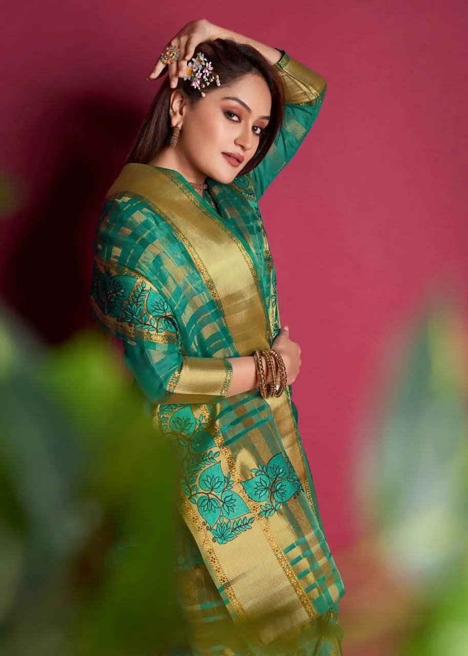 Pine Green Organza Silk  Saree