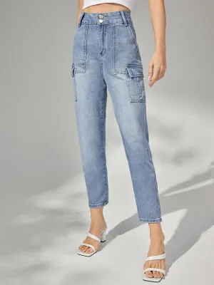 Plain Button Front Pocket Carrot Jeans