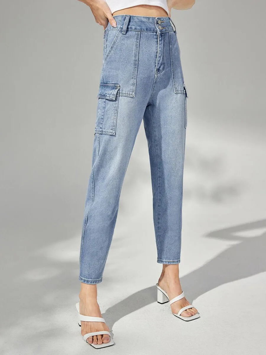 Plain Button Front Pocket Carrot Jeans