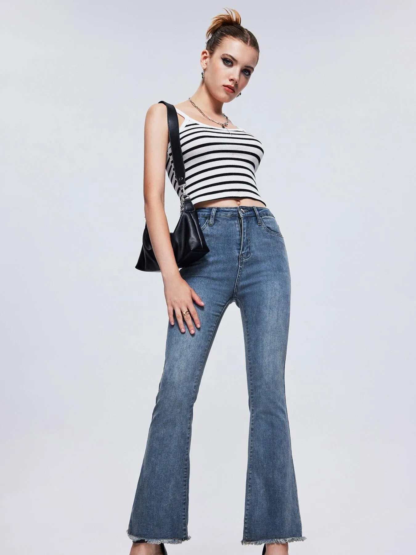 Pocket Button Flare Leg Jeans