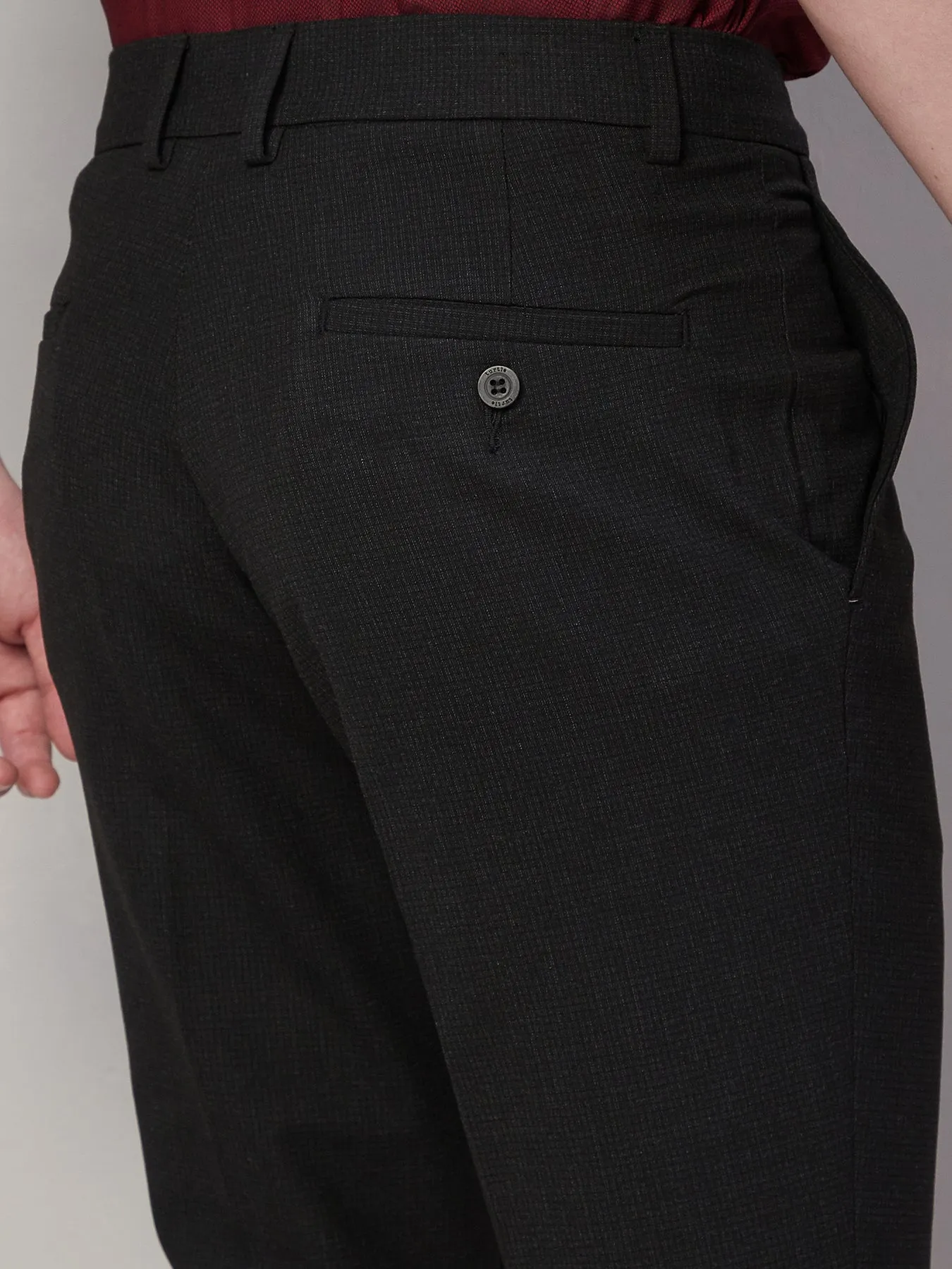 Poly Viscose Stretch Charcoal Checkered Slim Fit Flat Front Formal Trouser