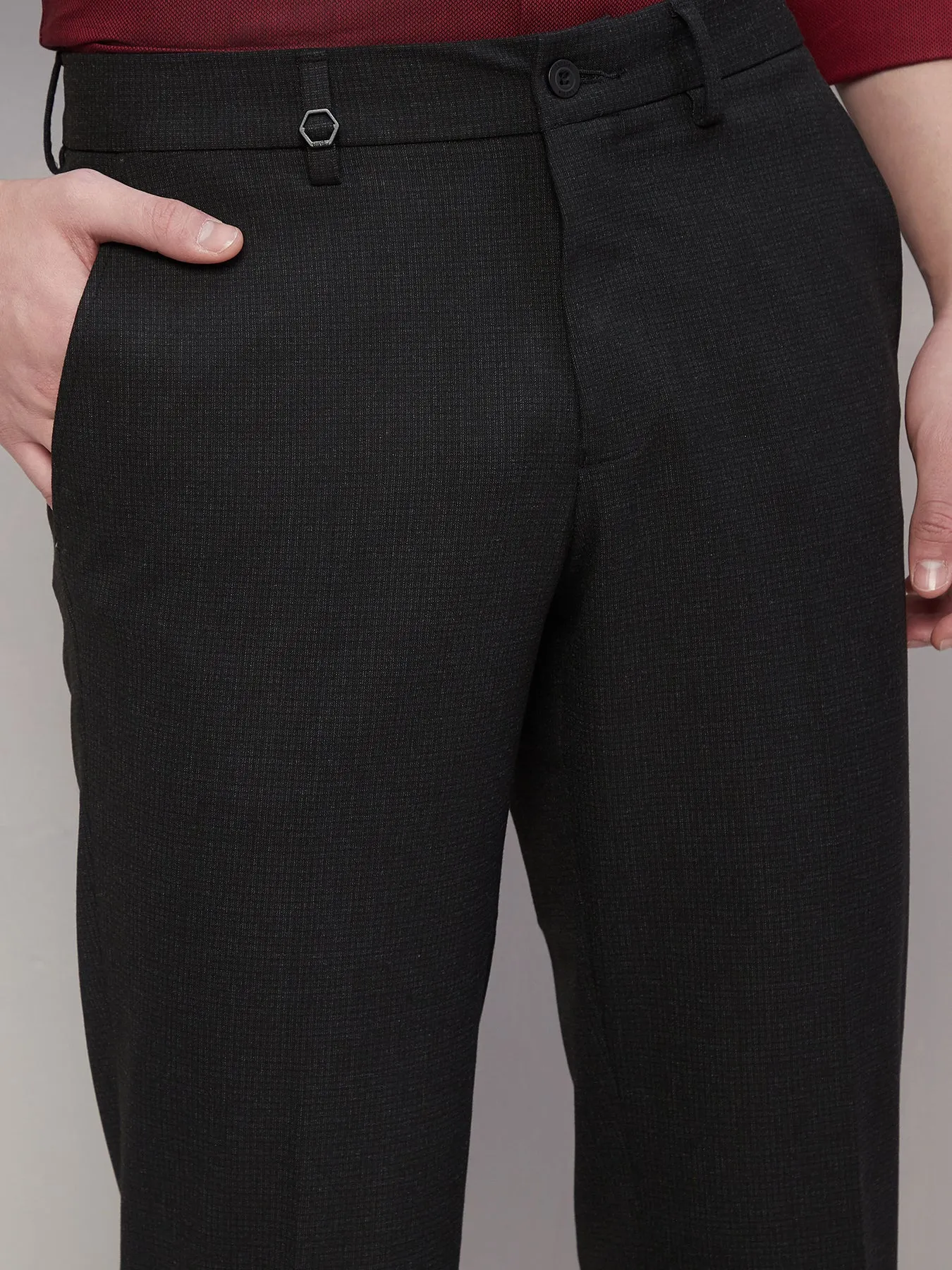 Poly Viscose Stretch Charcoal Checkered Slim Fit Flat Front Formal Trouser