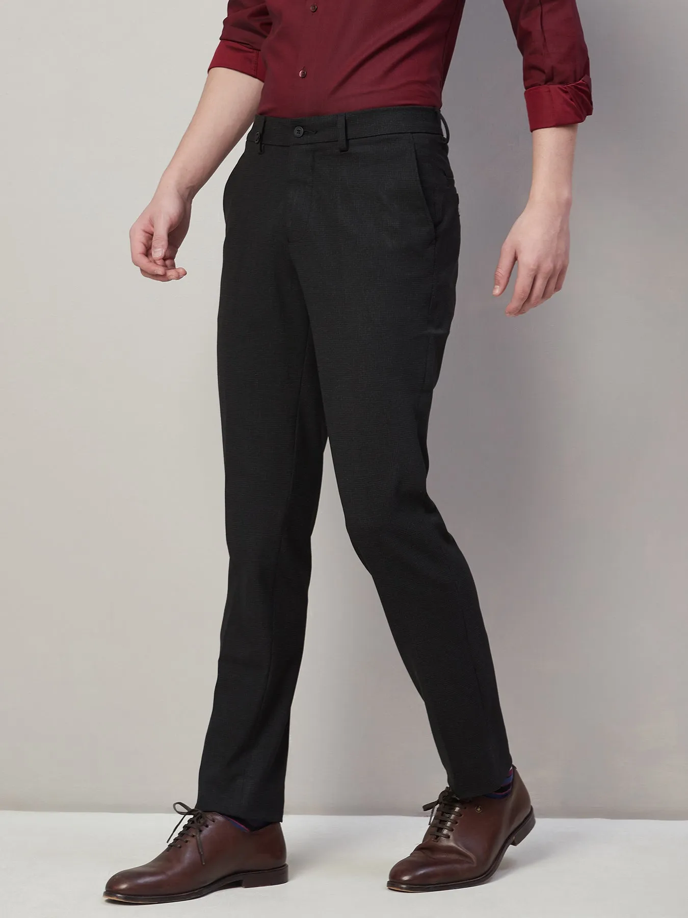 Poly Viscose Stretch Charcoal Checkered Slim Fit Flat Front Formal Trouser