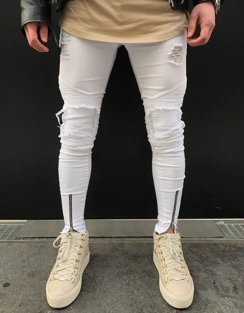 Premium White Ripped Skinny Ankle Zipper Jeans