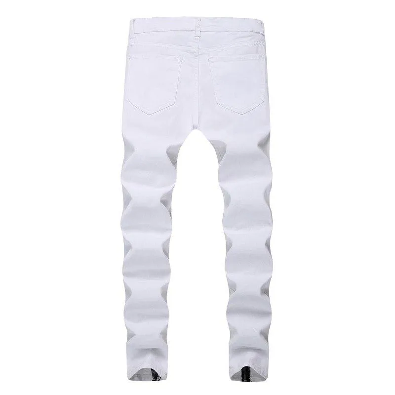 Premium White Ripped Skinny Ankle Zipper Jeans