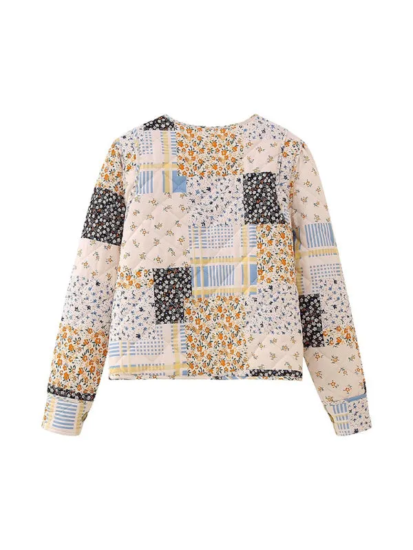 Quilted Light Jacket Women's Fashion Color Block Print Loose Thin Cotton Style Light Coat