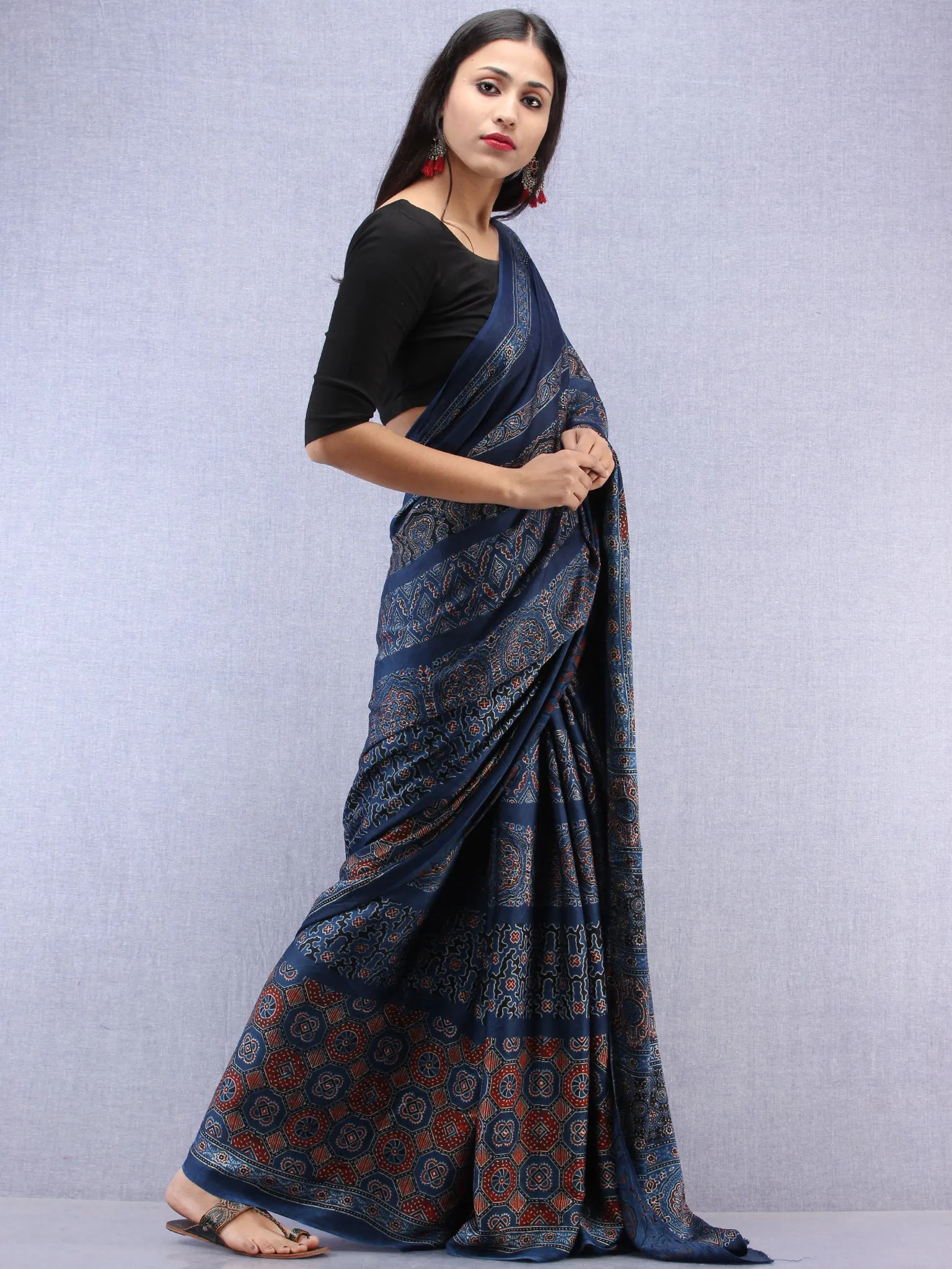 Red Indigo Ajrakh Hand Block Printed Modal Silk Saree - S031704445