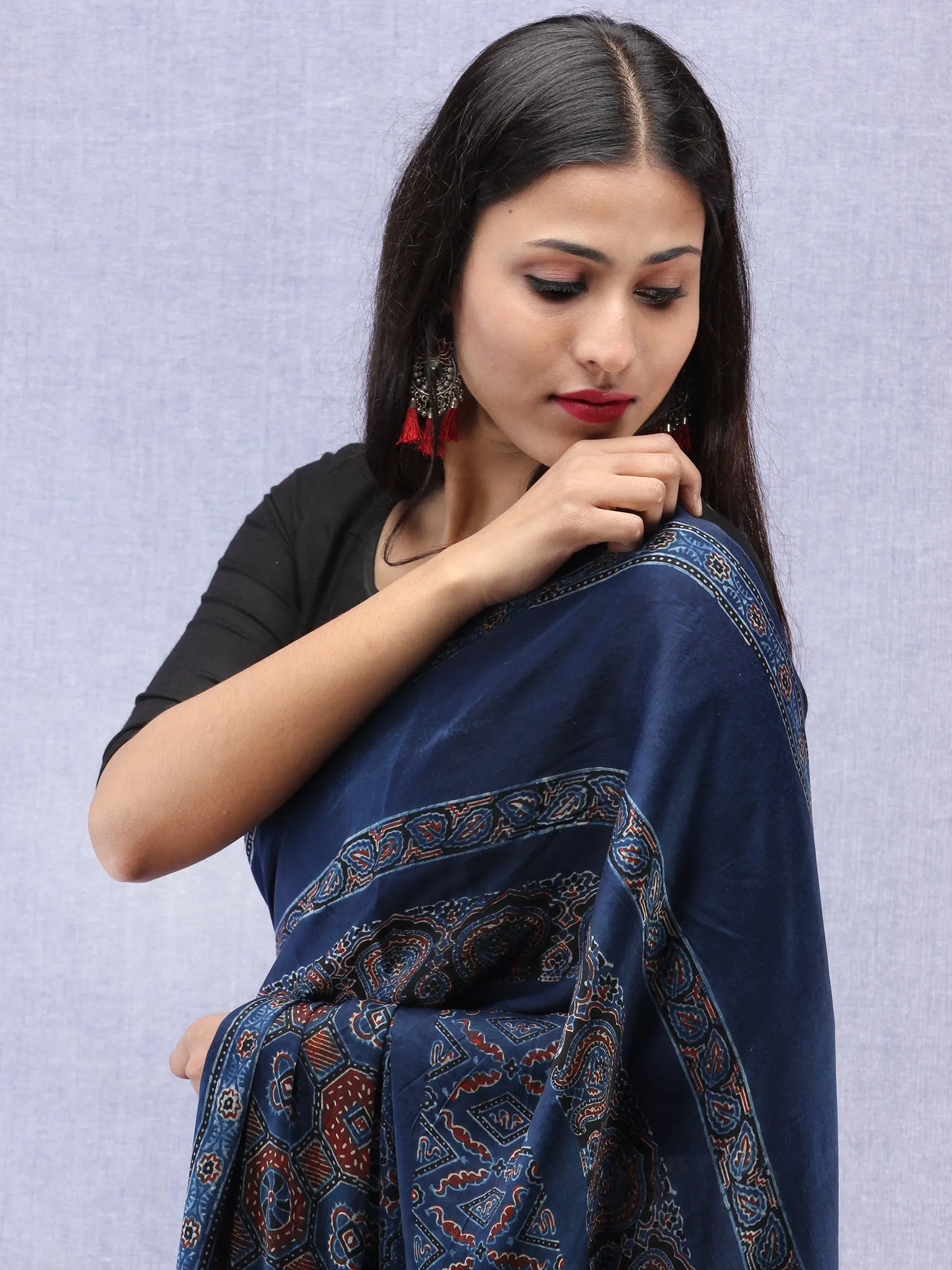 Red Indigo Ajrakh Hand Block Printed Modal Silk Saree - S031704445