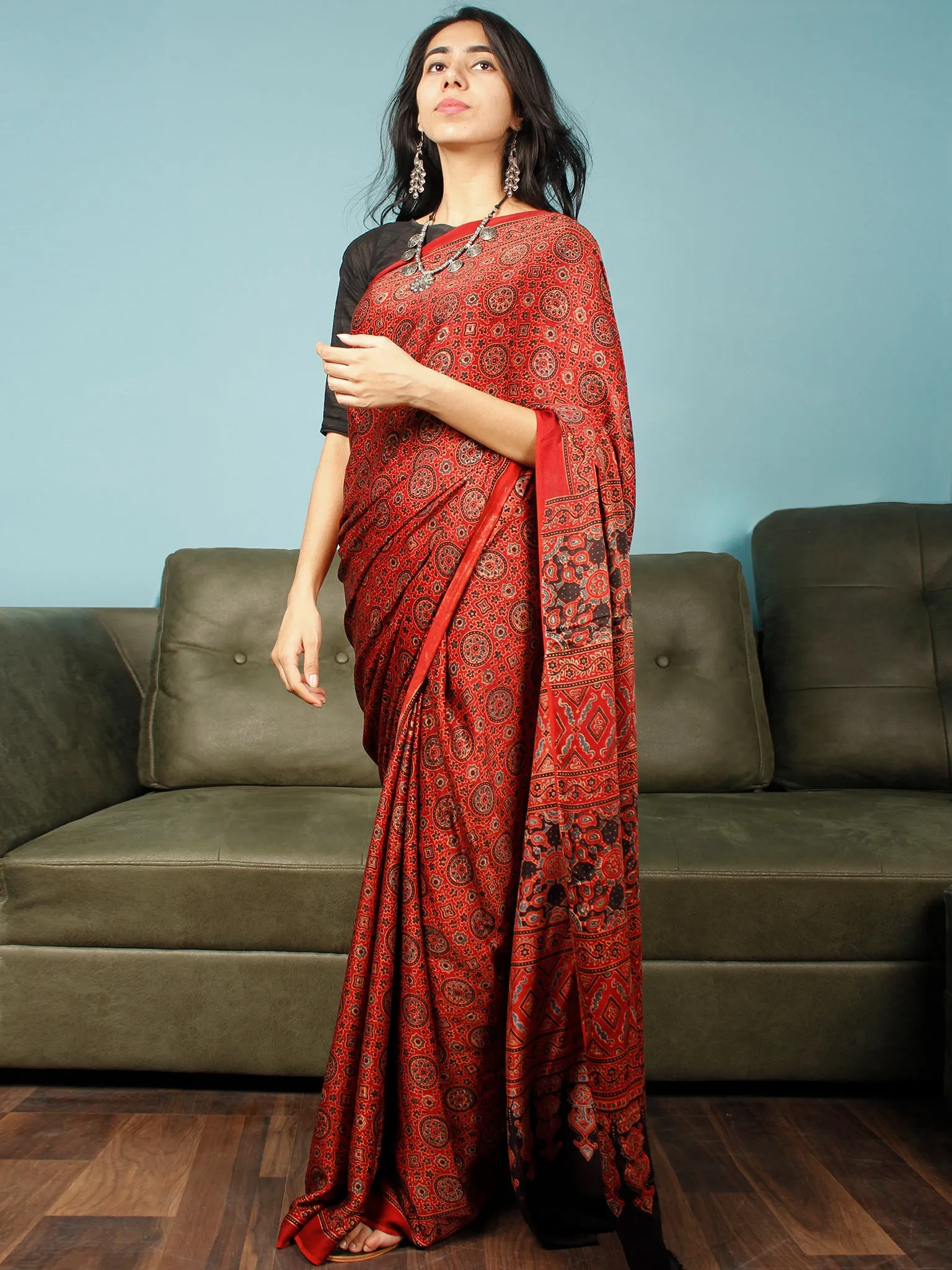 Red Indigo Black Ajrakh Hand Block Printed Modal Silk Saree in Natural Colors - S031703362