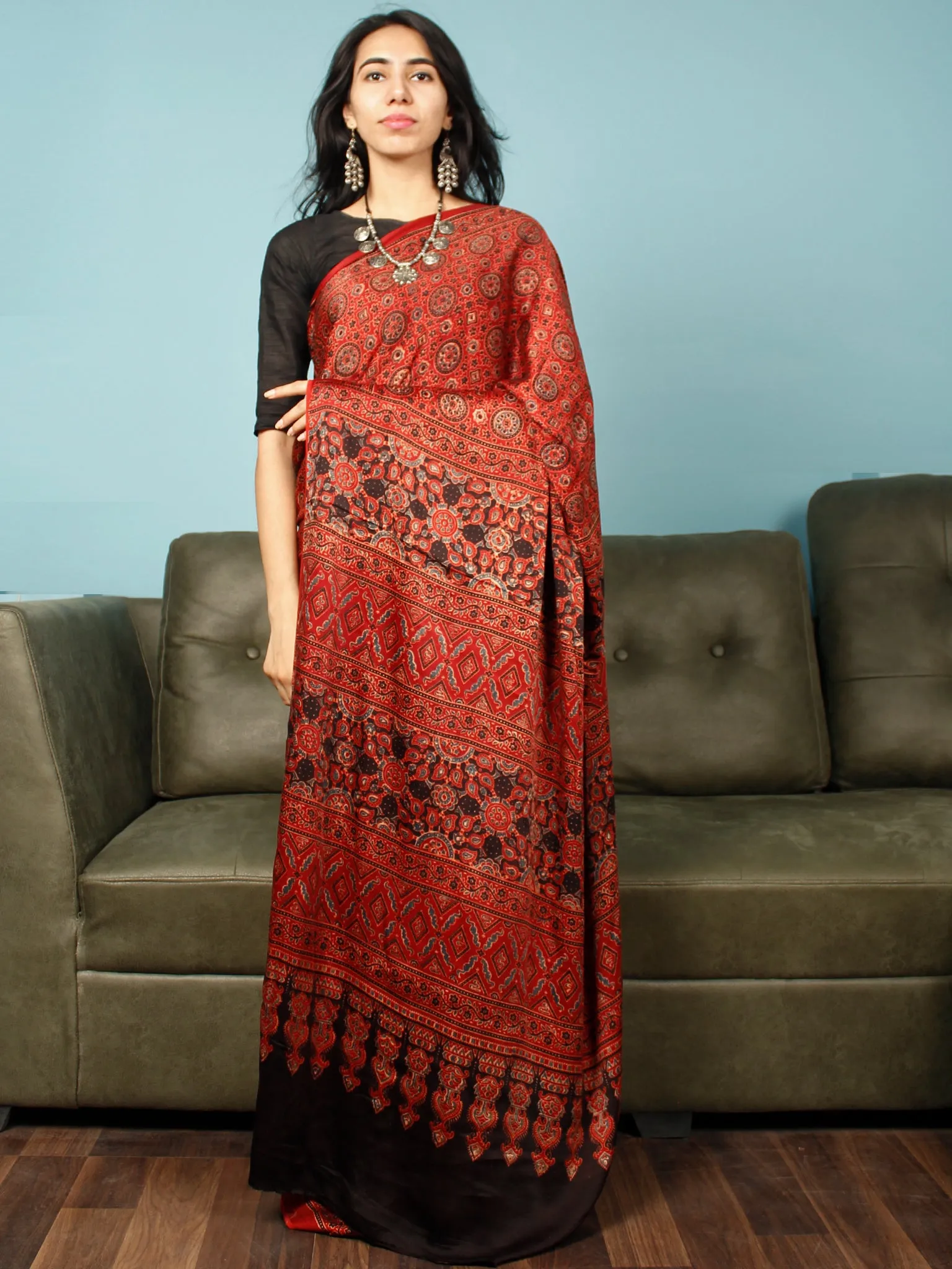 Red Indigo Black Ajrakh Hand Block Printed Modal Silk Saree in Natural Colors - S031703362