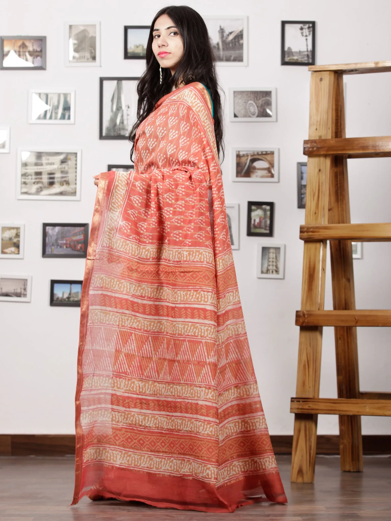 Salmon Pink Ivory Maheshwari Silk Hand Block Printed Saree With Zari Border - S031702968