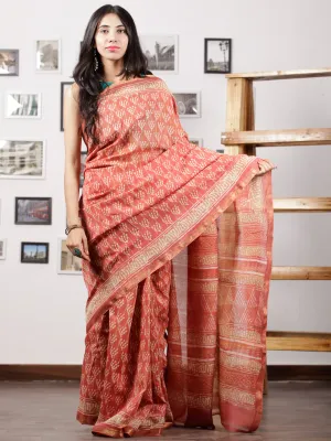 Salmon Pink Ivory Maheshwari Silk Hand Block Printed Saree With Zari Border - S031702968