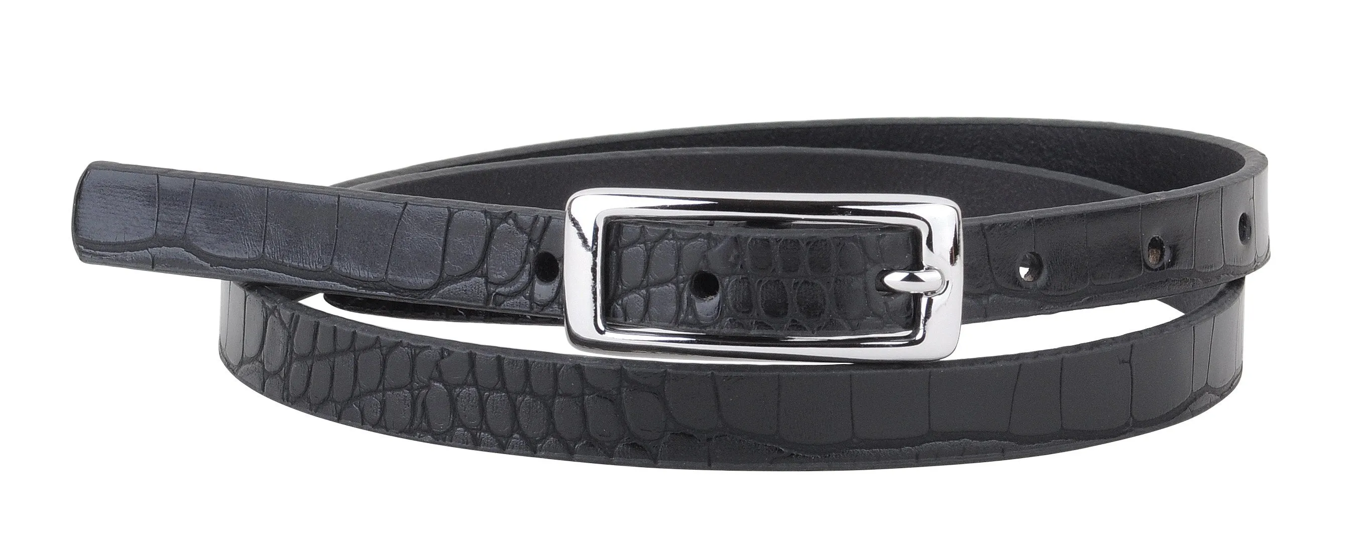 Skinny Leather Croc Belt with Silver Buckle