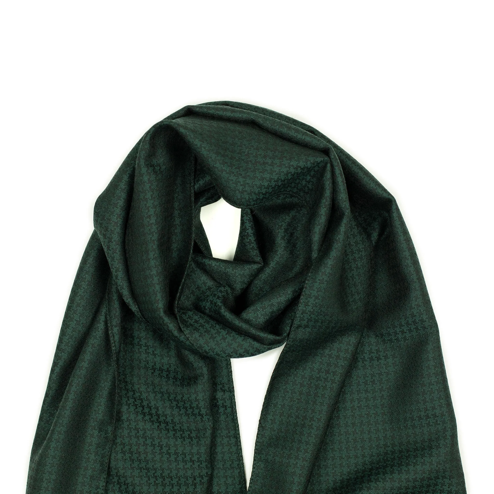 Tonal houndstooth scarf, dark green wool and silk