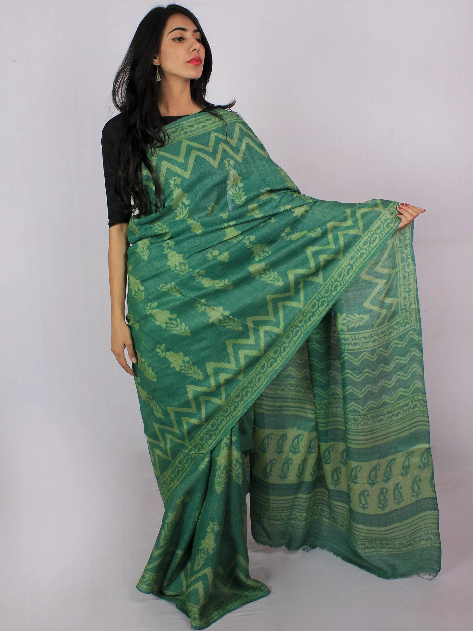 Tussar Handloom Silk Hand Block Printed Saree in Fern Green Chartreuse - S031701197