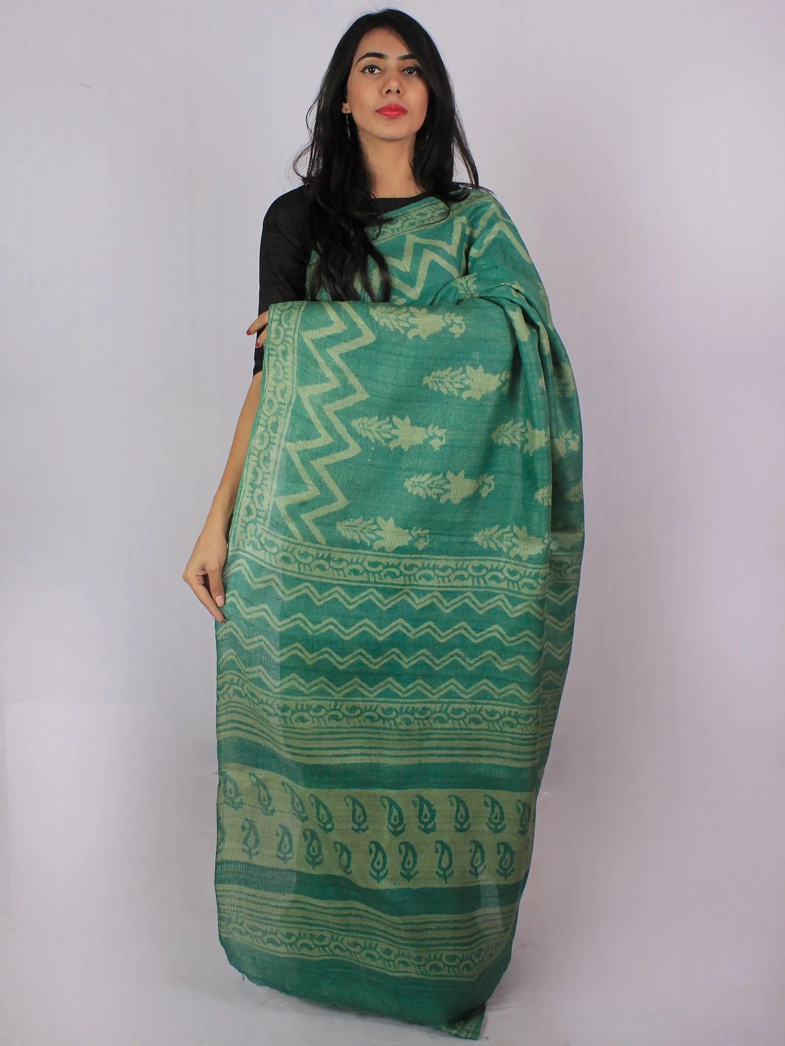 Tussar Handloom Silk Hand Block Printed Saree in Fern Green Chartreuse - S031701197