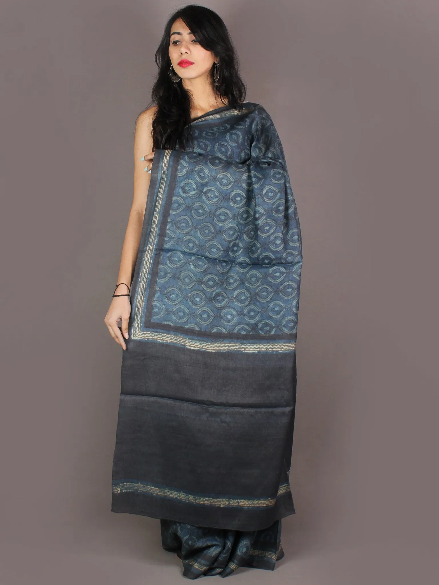 Tussar Handloom Silk Hand Block Printed Saree in Indigo Black & Beige- S03170955