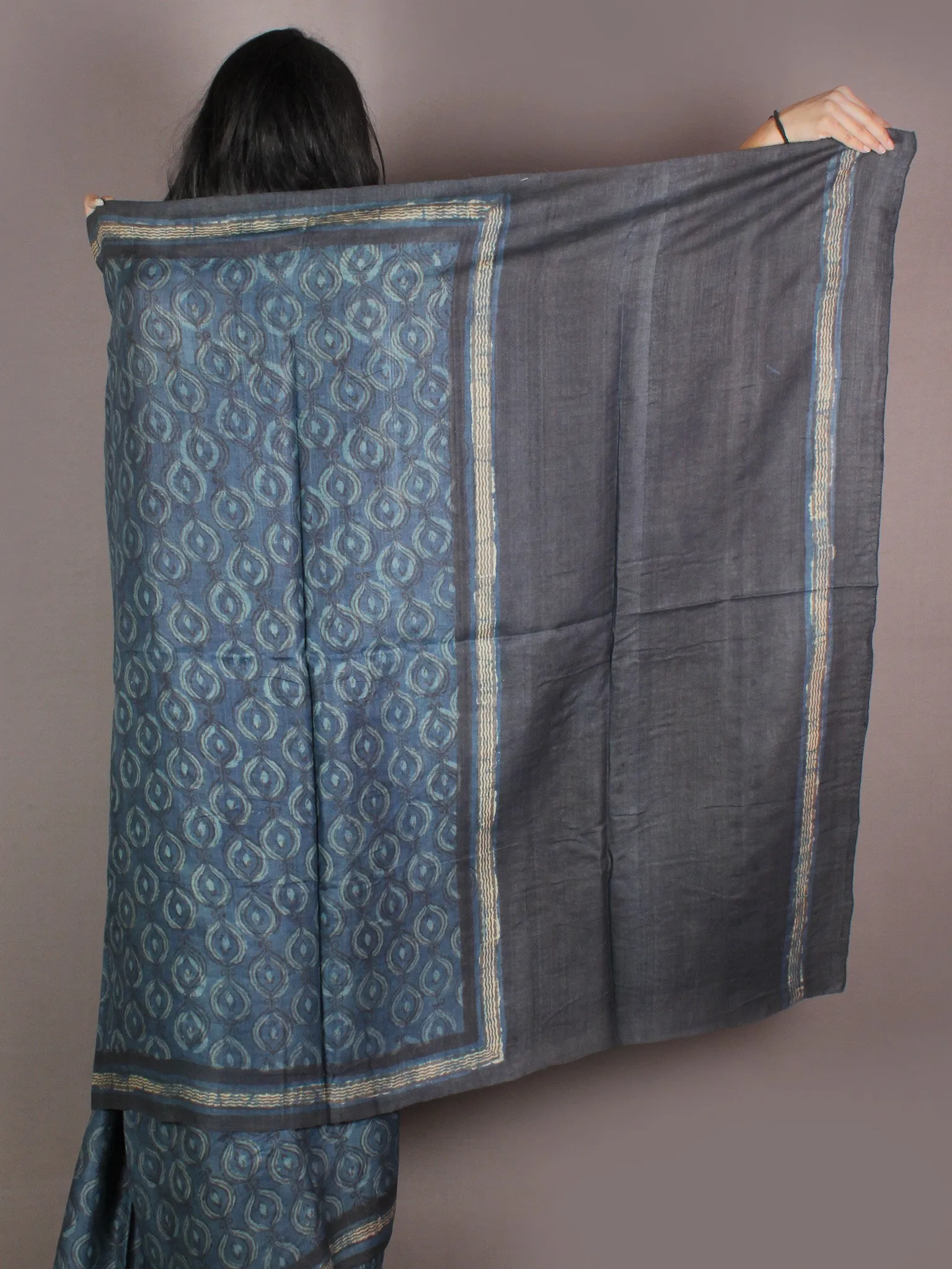 Tussar Handloom Silk Hand Block Printed Saree in Indigo Black & Beige- S03170955