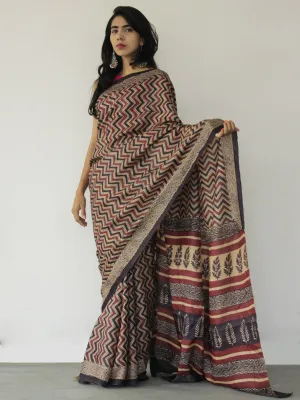 Tussar Handloom Silk Hand Block Printed Saree in Maroon Beige Purple - S031702531