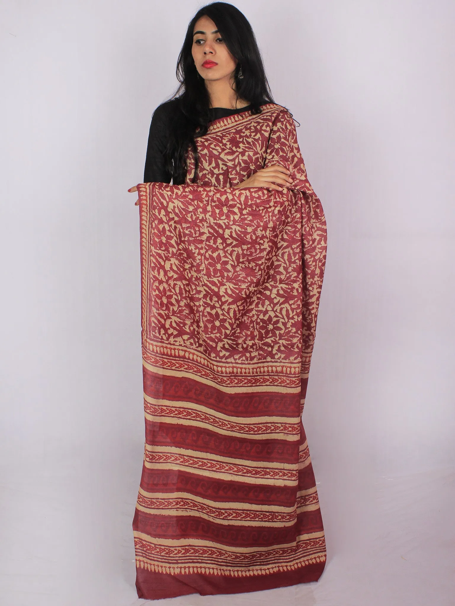 Tussar Handloom Silk Hand Block Printed Saree in Mauve Beige Rust - S031701196