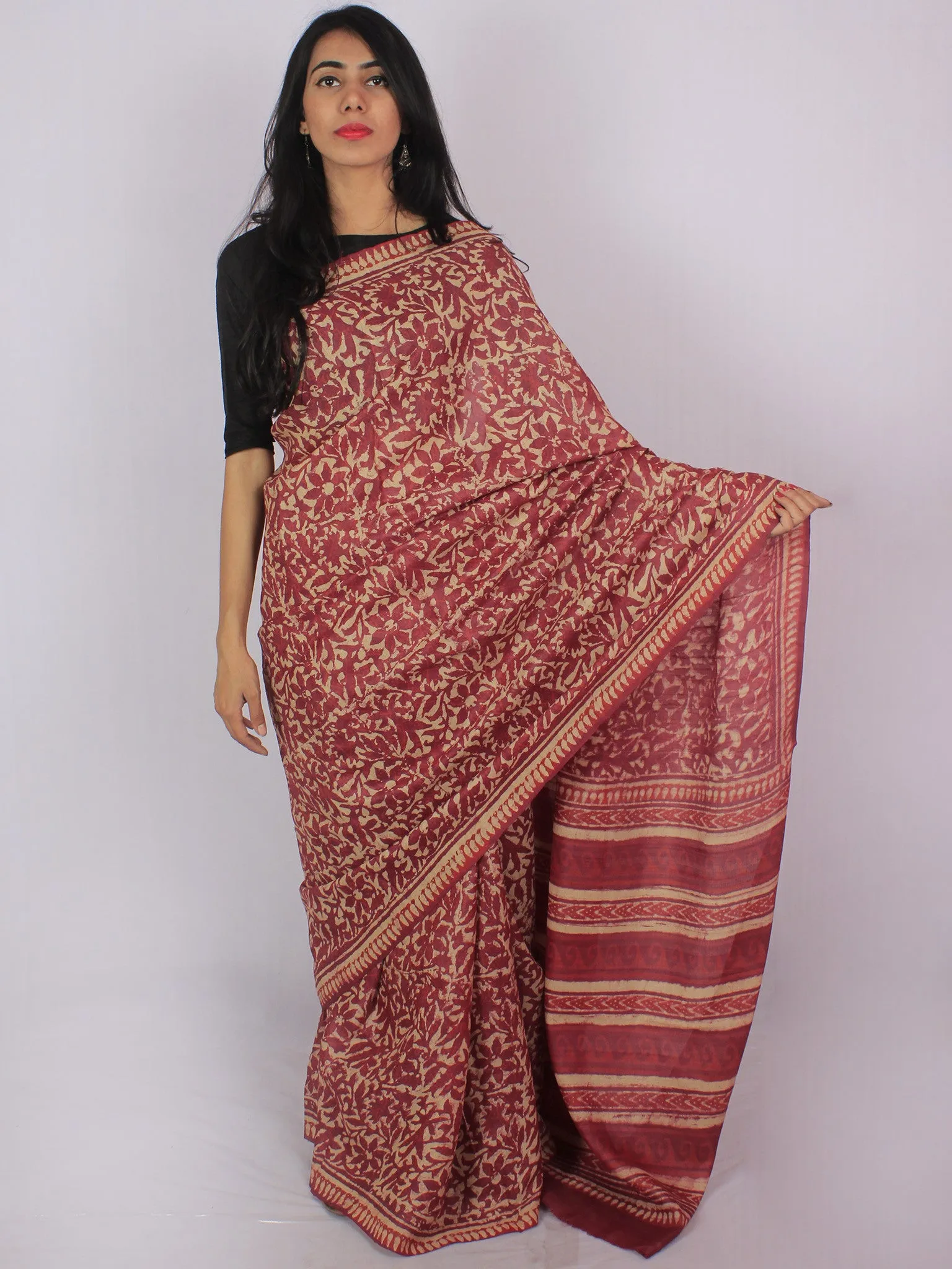 Tussar Handloom Silk Hand Block Printed Saree in Mauve Beige Rust - S031701196