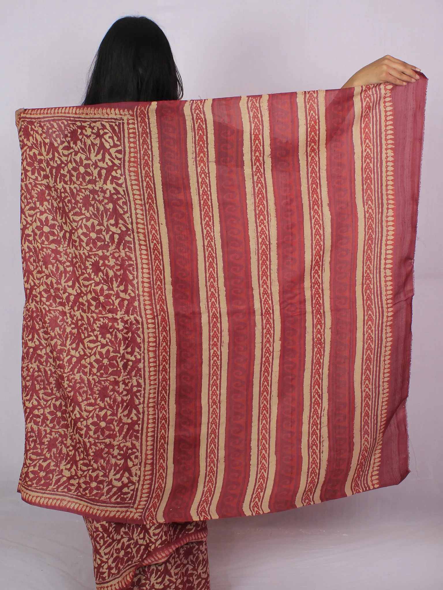 Tussar Handloom Silk Hand Block Printed Saree in Mauve Beige Rust - S031701196