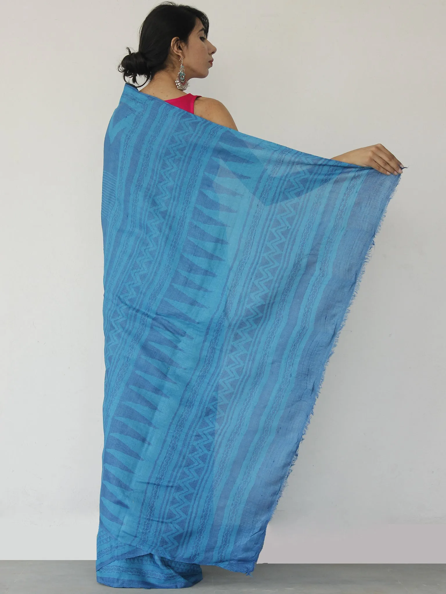 Tussar Handloom Silk Hand Block Printed Saree in Metallic Blue - S031702546