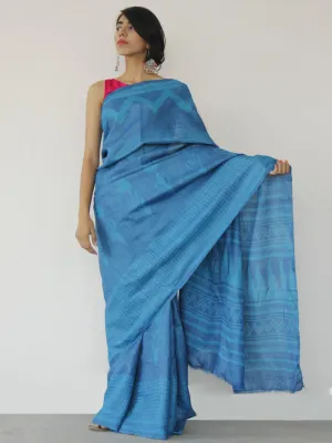 Tussar Handloom Silk Hand Block Printed Saree in Metallic Blue - S031702546