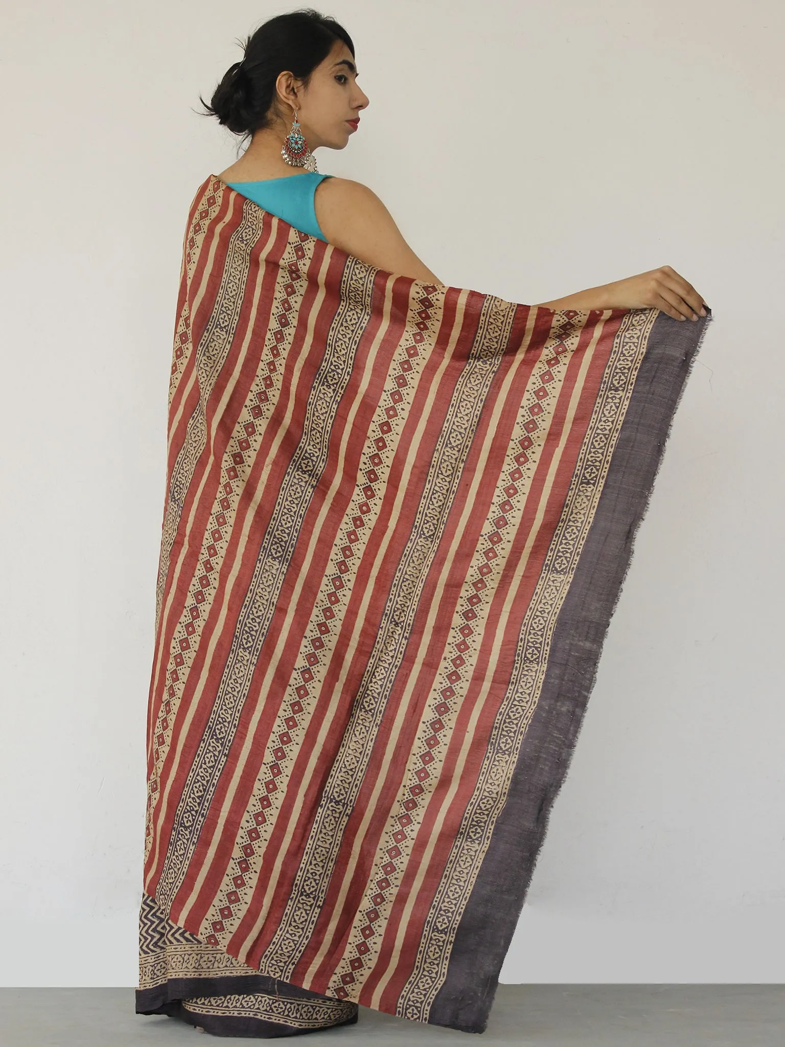 Tussar Handloom Silk Hand Block Printed Saree in Plum Beige - S031702552