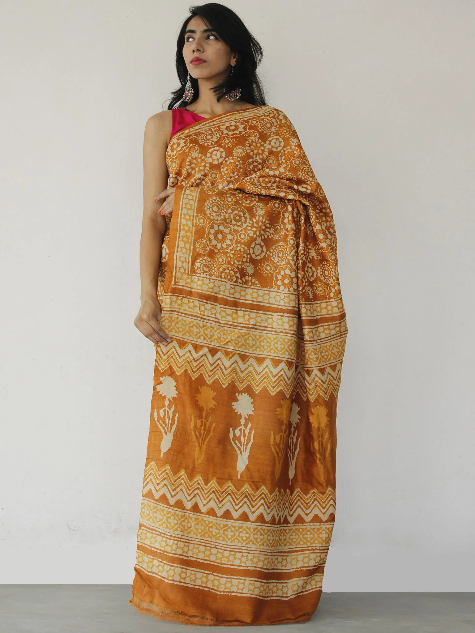 Tussar Handloom Silk Hand Block Printed Saree in Rust Ivory Orange - S031702536