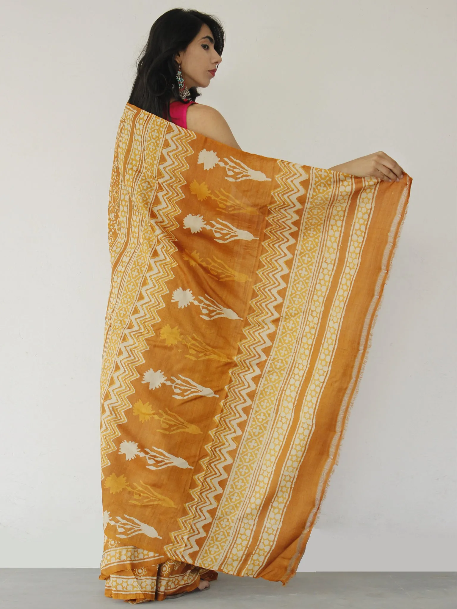 Tussar Handloom Silk Hand Block Printed Saree in Rust Ivory Orange - S031702536