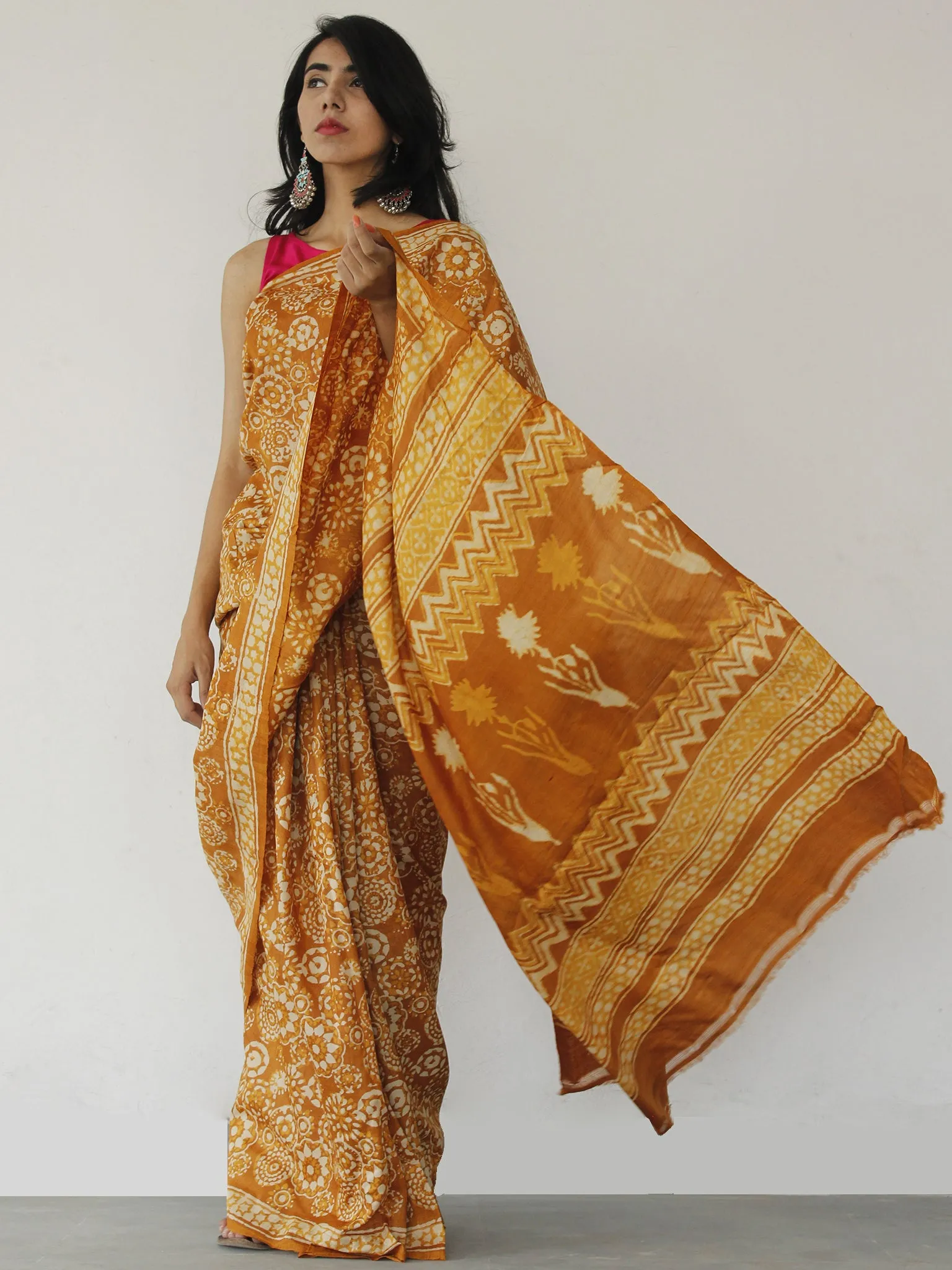 Tussar Handloom Silk Hand Block Printed Saree in Rust Ivory Orange - S031702536