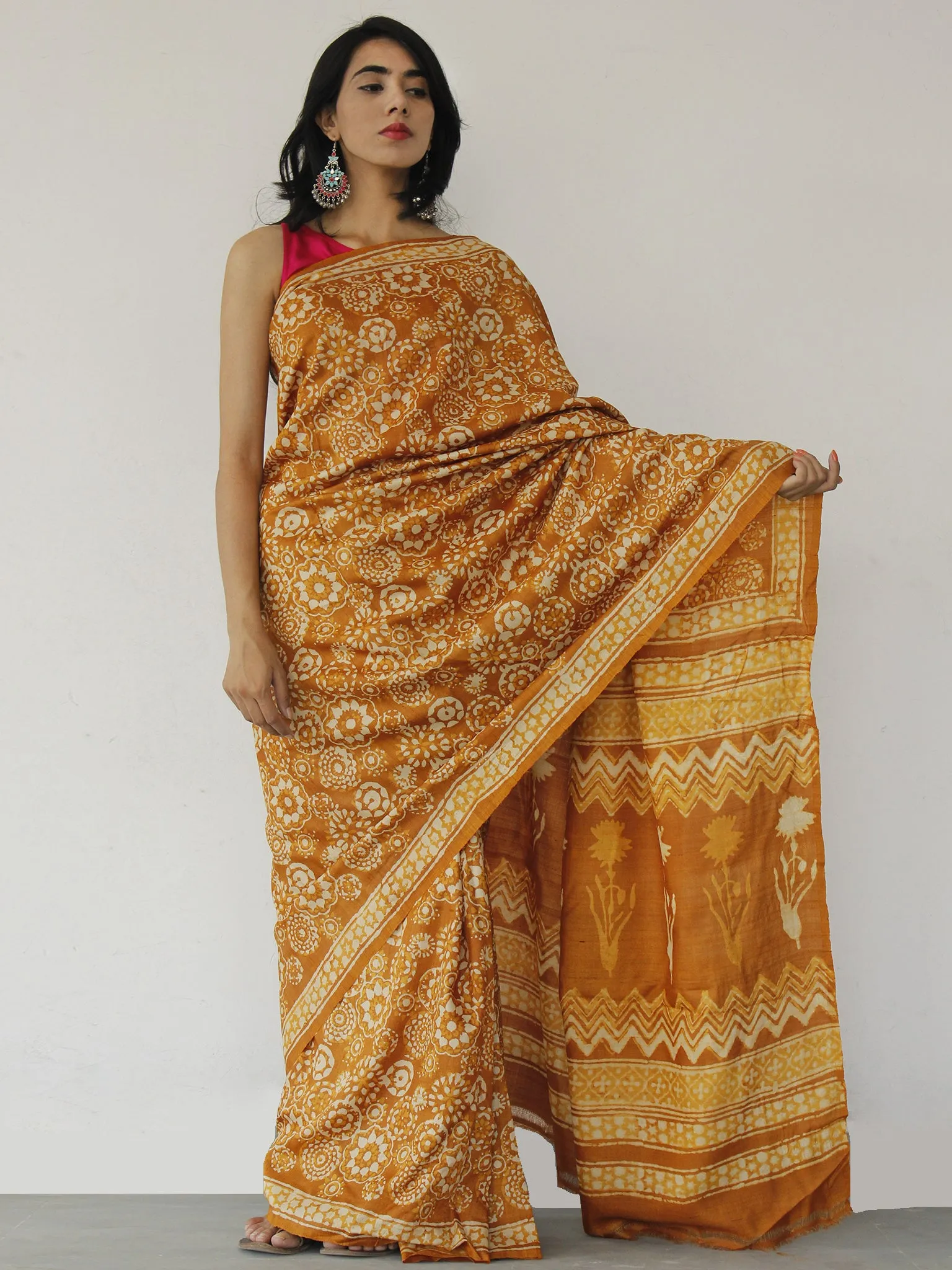 Tussar Handloom Silk Hand Block Printed Saree in Rust Ivory Orange - S031702536