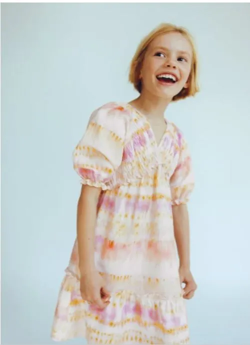 ZARA SMOCKED LINEN BLEND TIE DYE DRESS (SZ 10)