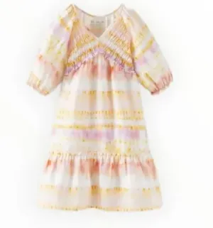 ZARA SMOCKED LINEN BLEND TIE DYE DRESS (SZ 10)